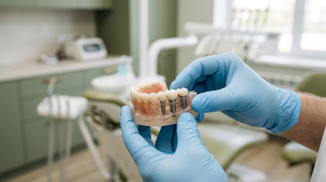 Model szczęki z implantami zębowymi w dłoniach stomatologa
